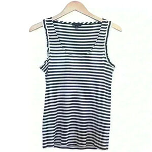 🌈 6/$60, JCrew Ruffled Sleeveless, Striped, White, Navy Blue, Medium